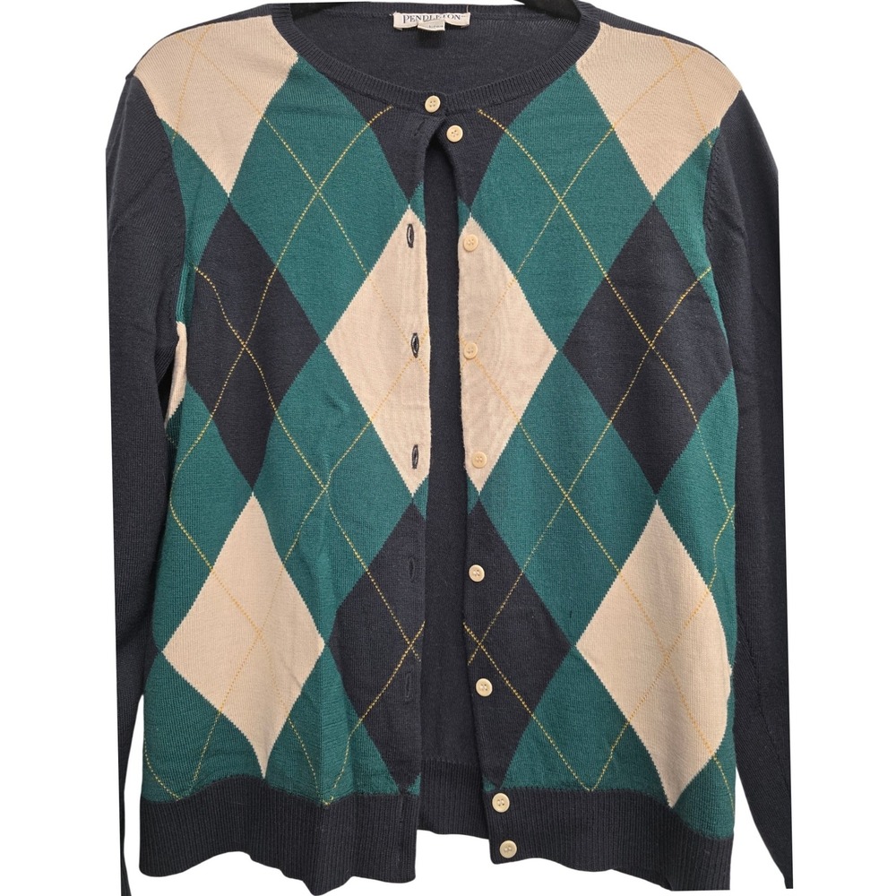 Pendleton Argyle Cardigan Merino Wool L Preppy Old Money Dark‎ Academia Classic - Picture 6 of 9